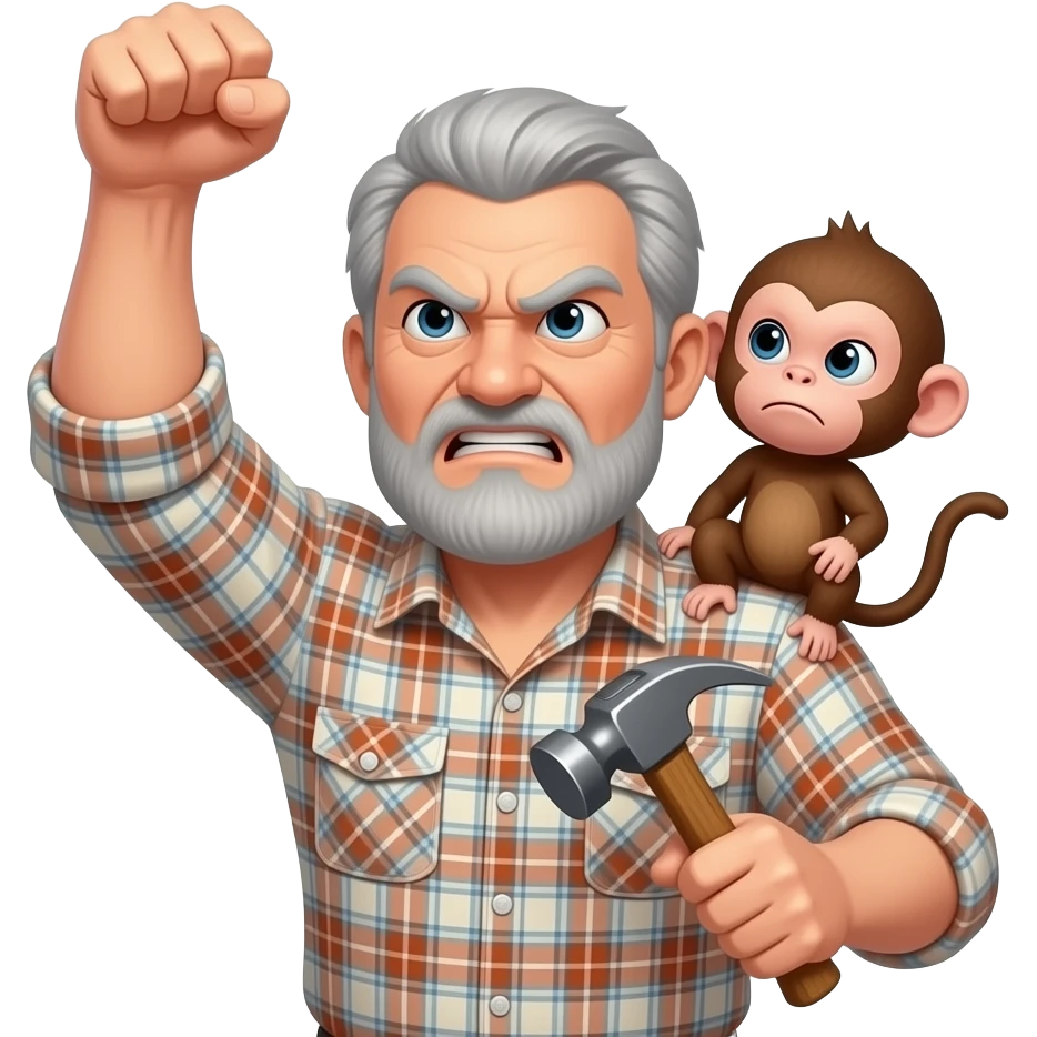 grumpy angry old man wearing a plaid shirt with with grey hair and no beard or mustache shaking his fist at the sky with a hammer in his left hand and an angry baby monkey on his shoulder emoji