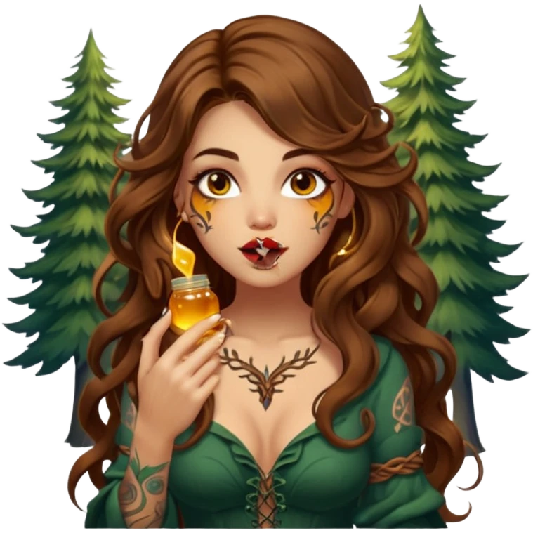 woman with long wavy brown hair, tattoos, forest mystic outfit, licking glowing honey from fingertip, flirty eyes emoji