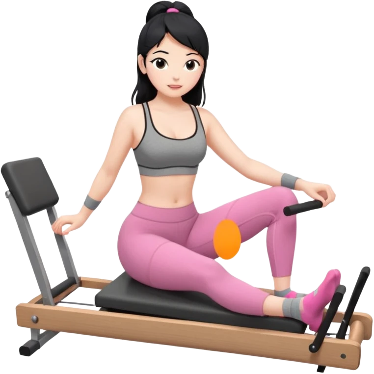 Create a Pilates emoji: a girl with fair skin and black hair, wearing a grey bra and grey leggings with pink pilates socks, doing sitted stomach massage on a wooden reformer. Make it look at the reformer. Make the colors neutrals. emoji