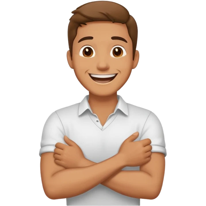 Man crossing arms holding neck laughing emoji