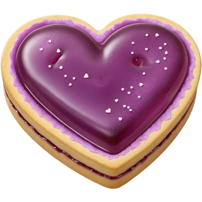 Realistic shortbread cookie in the shape of a heart with mauve jelly middle filling and sprinkled powder sugar on top. emoji