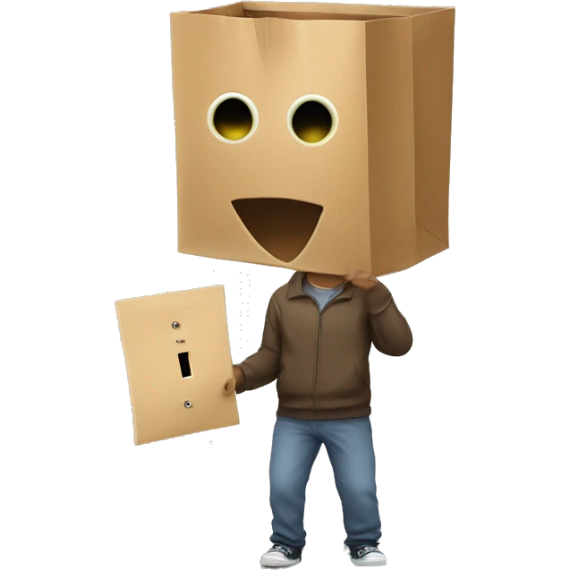  guy with a paper bag mask with eye holes on his head holding a light switch  emoji