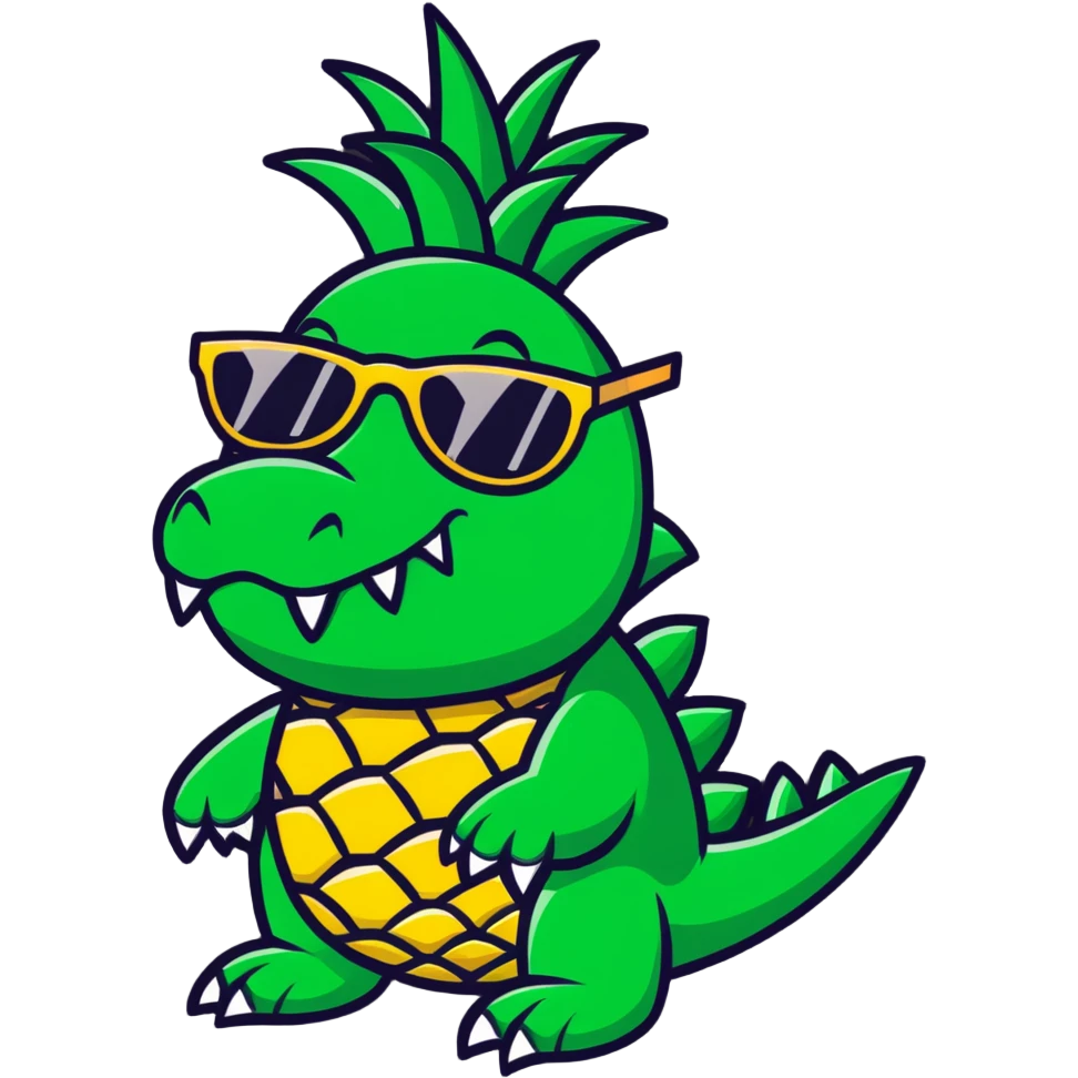 A pineapple with crocodile features - green crocodile legs and tail, crocodile teeth on the pineapple, wearing sunglasses emoji