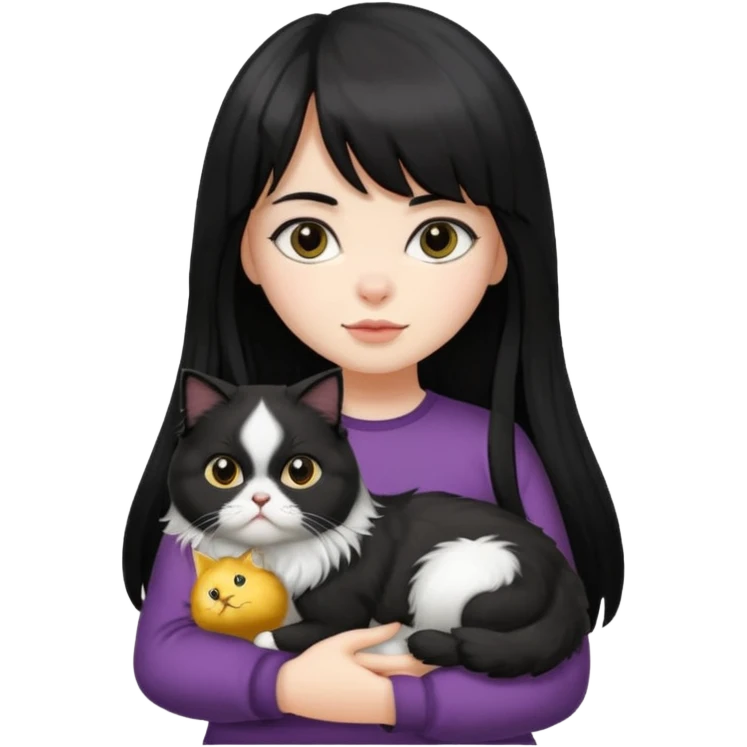 a girl with nearly black long hair and bangs, carrying a fluffy black and white Persian cat emoji