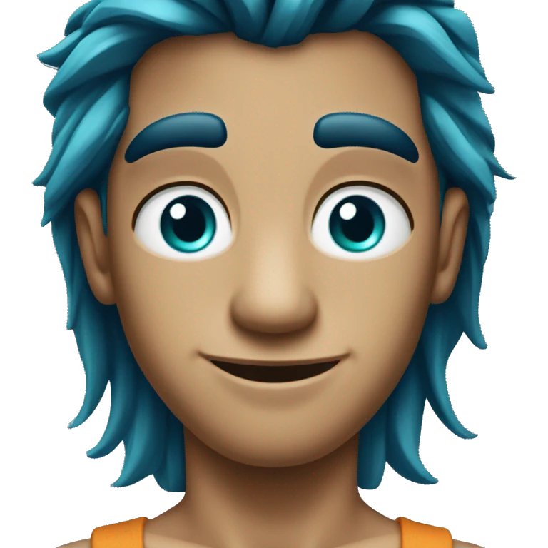 A tanned guy with long dark blue hair and turquoise eyes emoji