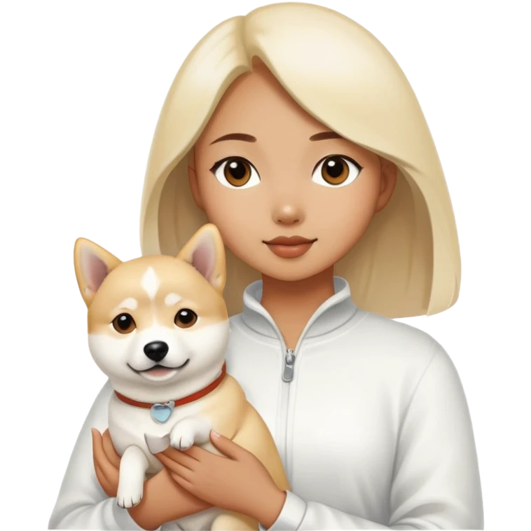 A beautiful girl holding a white Labrador and a white Shiba Inu emoji