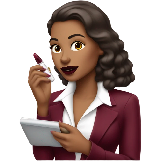 White brunette femme fatale dressed in burgundy putting lipgloss on her lips emoji