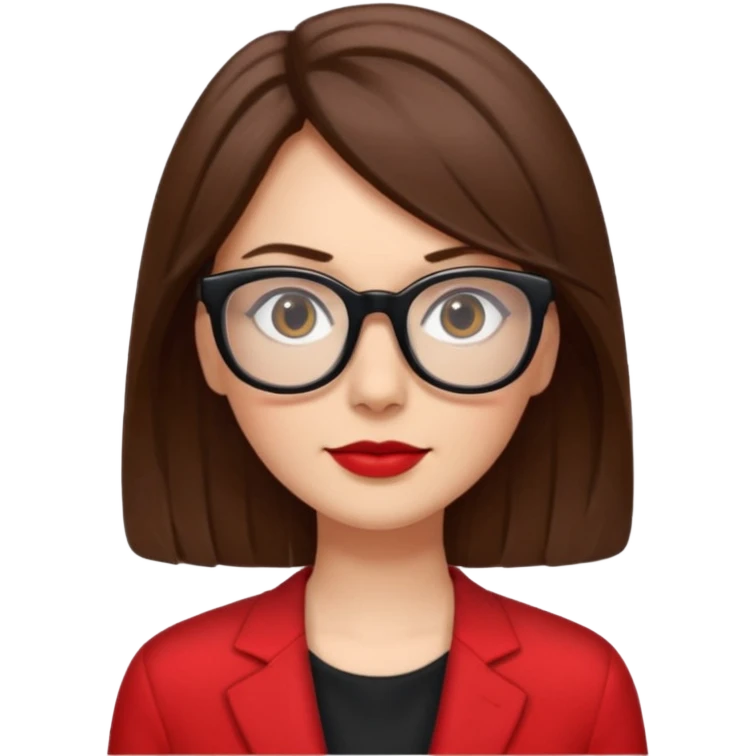 Una señora con media melena de color moreno, con gafas negras. Le gusta el color rojo . Y tiene la piel blanca  emoji