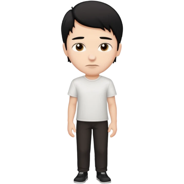 make a white boy with black hair and brown highlights with dark brown eyes with a plain white shirt and black plain pants with a nose piercing  emoji