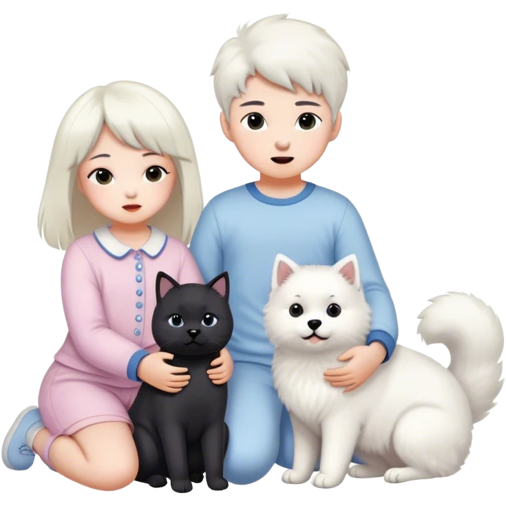 children in pastel clothes play with a Samoyed and a black British cat emoji