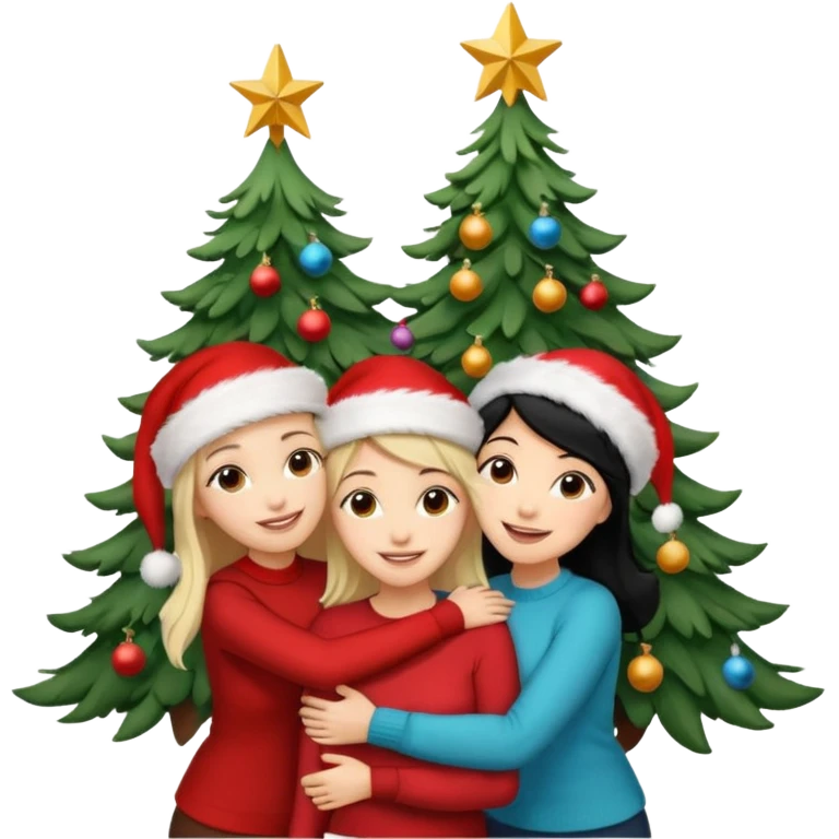 Generate Christmas-style emojis  family. Where light-skinned people stand near the tree all together, hugging and smiling. 2 girl should be Light-haired woman, 1 woman black-haired woman, and 1 man  emoji