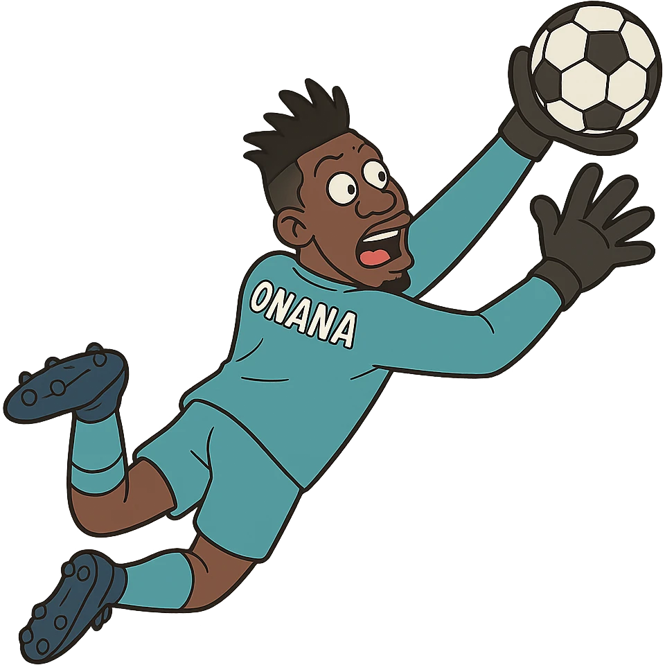 André Onana, cartoon illustration, diving to make a save, goalkeeper attire, lively and fun emoji