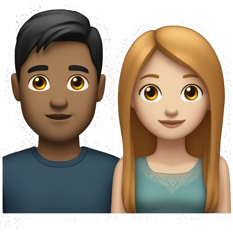 a married couple standing beside eachother, one has pale skin and long straight ginger hair with bangs and blue eyes, the other person is a man that is mexican and has straight chin length black hair with brown eyes emoji