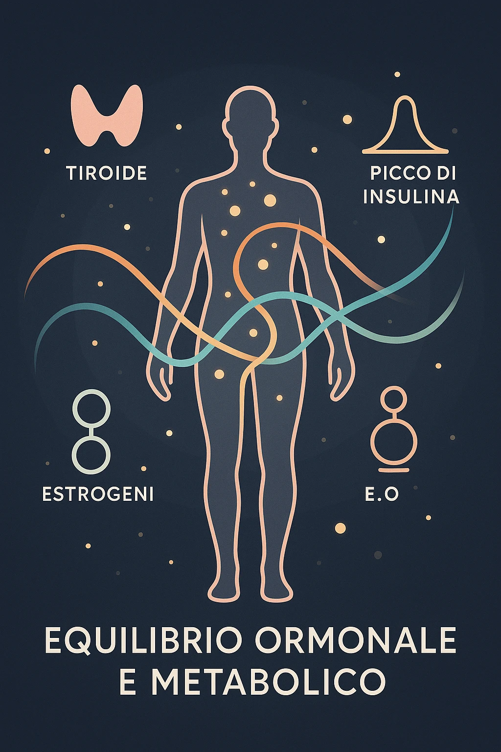 Il corpo è circondato da simboli delicati e bilanciati che rappresentano equilibrio ormonale e metabolico: piccoli cerchi, flussi energetici colorati, simboli stilizzati di tiroide, picco insulina, estrogeni. 4k immagine in italiano emoji