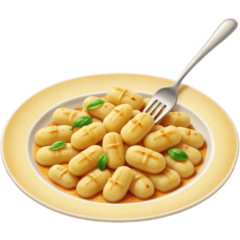 Gnocchi Cinematic Realistic Gnocchi Dish Emoji, depicted as tender oblong potato gnocchi garnished with iconic fork marks on top, rendered with soft textures and warm, inviting lighting. emoji