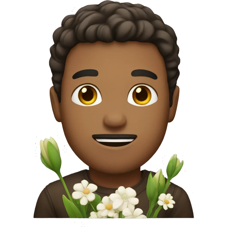 man with brown eyes holding flowers  emoji