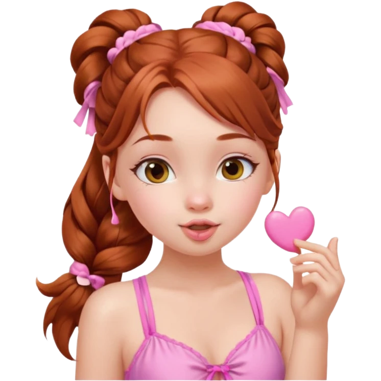 A cute ukrainian girl, with long auburn hair two side ponytails plaited, in her pink bathing costume, she's blowing a kiss. emoji