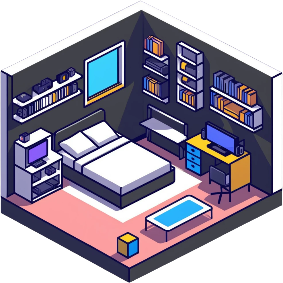isometric view of teen bedroom layout with gaming setup, bed, and bookshelf emoji