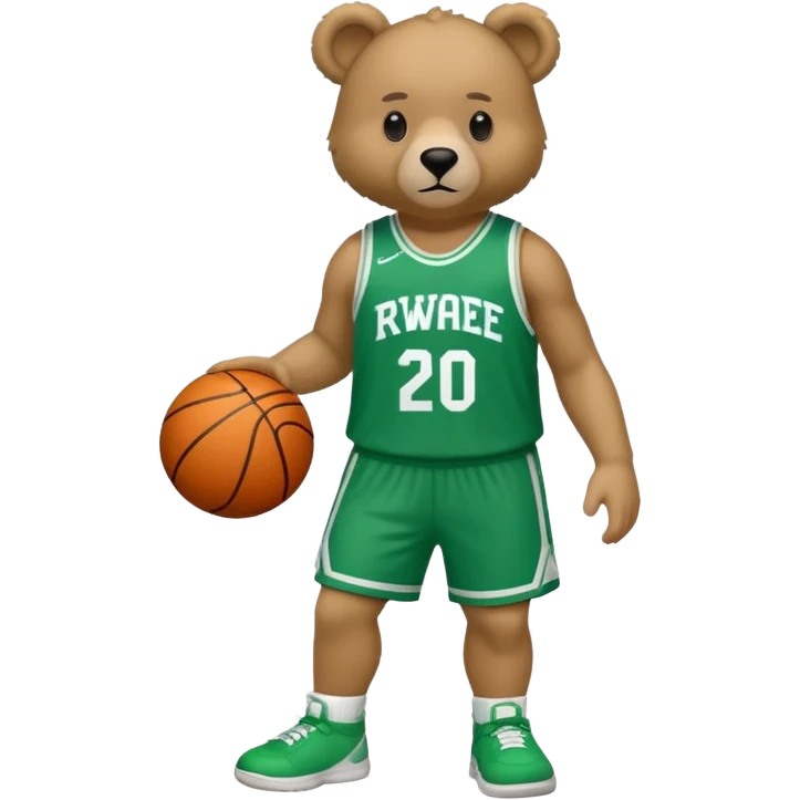 Bear with full body and wearing basketball green and white  jersey that says RWE  emoji