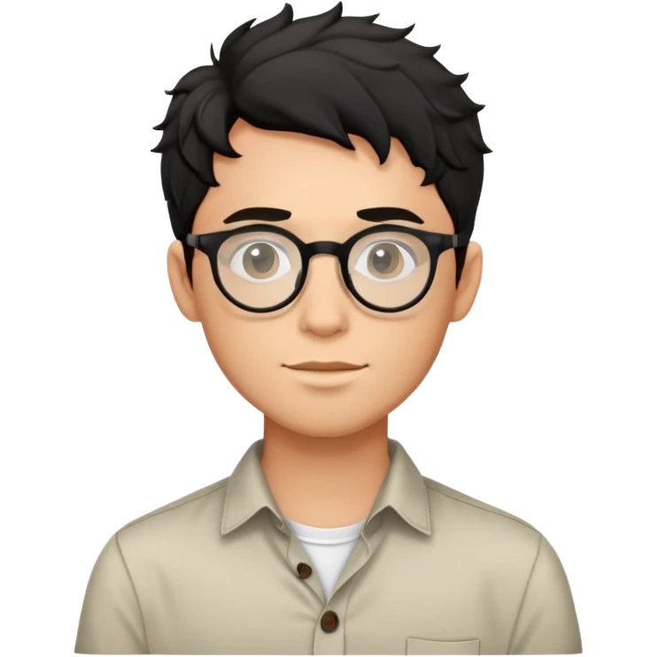 Torso view of young man with black wavy hair, round glasses, casual buttoned shirt, no tie emoji