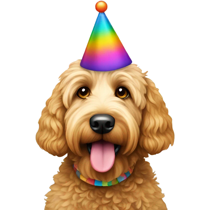 Golden doodle with birthday hat emoji