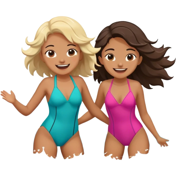 Two friends stand in the ocean, dressed in They splash each other playfully, laughing as the waves crash around them. Their eyes meet, full of joy and appreciation for the moment, completely immersed emoji