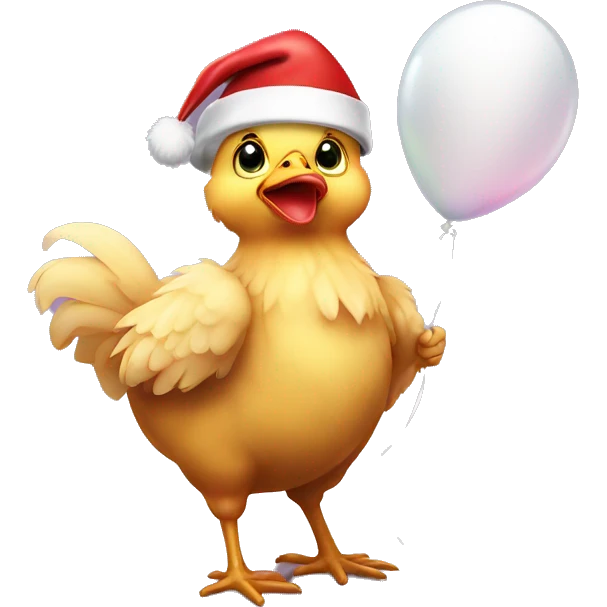 Baby chicken wearing Santa hat holding balloon emoji