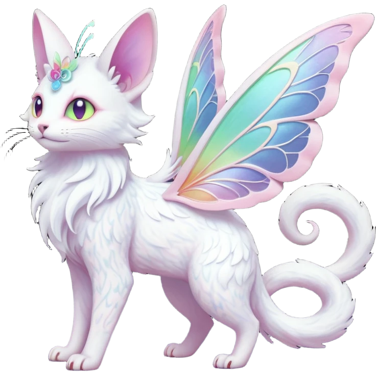 Pure-snow-White albino iridescent with pastel rainbow-gradients-color-markings with swirly patterns butterflies  faerie-Noivern-Noibat-Purloin-Torracat-Lykoi-Caracal-cat-Fakemon-fusion-hybrid-creature emoji