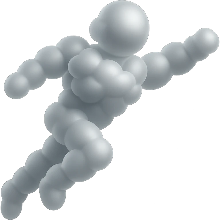 flying person made entirely of white convex clouds, matte glass style, no background, light dynamic emoji