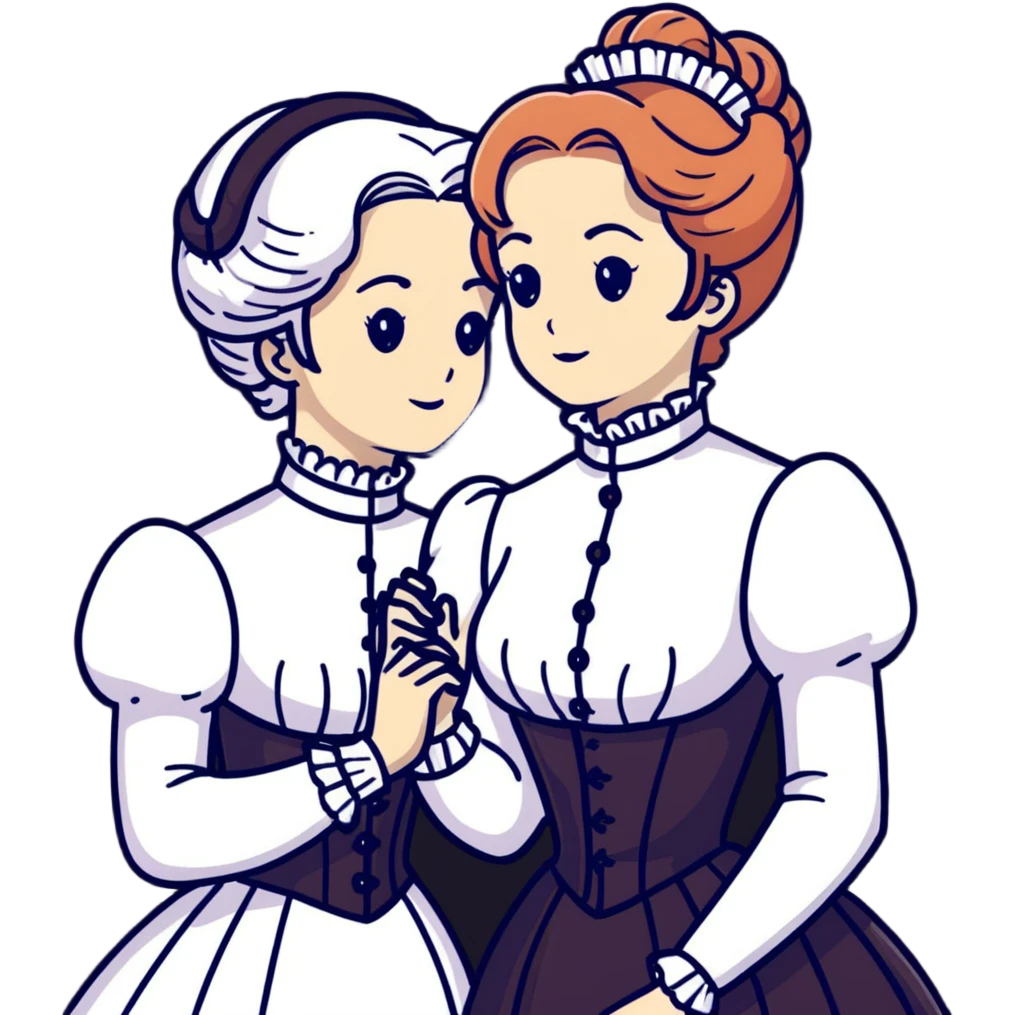 Two Victorian women embracing, one with white coiffed hair and one with copper coiffed hair, both with light eyes, wearing Victorian high-neck dresses emoji
