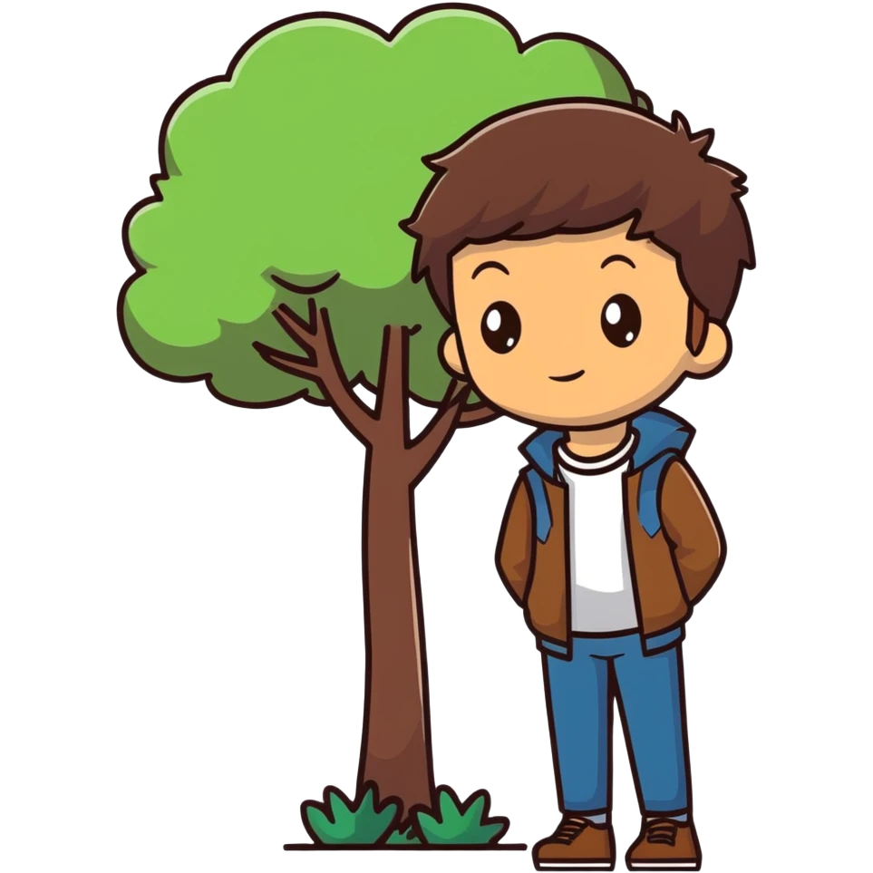 boy with brunette hair brown eyes and tree behind emoji