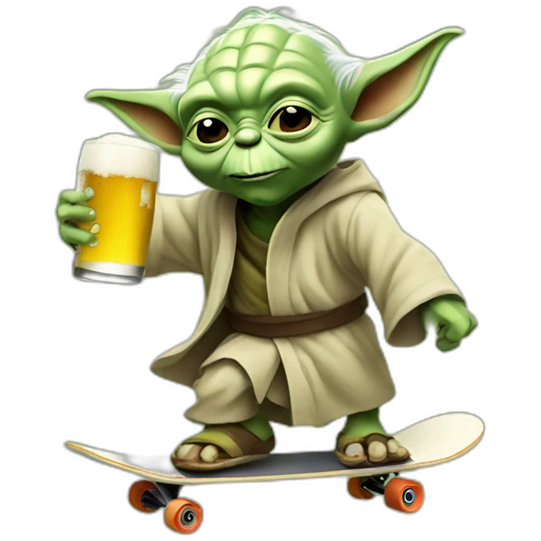yoda skateboarding with a beer emoji