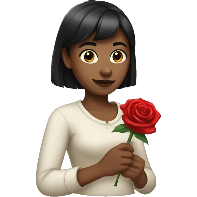 A women named rose, with dark hair bangs and holding a red red rose in one hand emoji