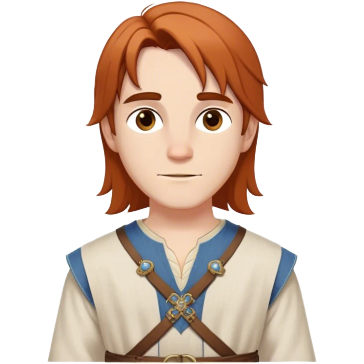 medieval spring outfit worn by a DnD themed fantasy male character. lightweight linen tunic with decorative stitching along the neckline and cuffs, belted at the waist with a cloth sash. clothes only above the waist. The clothes full waist. The character's haven't arms. character is white-skinned, auburn hair, brown eyes, shoulder-length straight hair. emoji