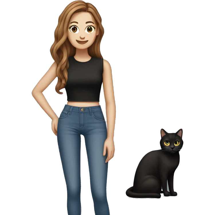 Skinny white women with long brown hair parted in the middle with a black crop top and baggy jeans holding a tabby cat emoji