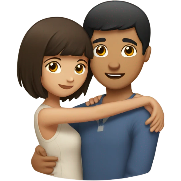 Couple hugging, Latino man with short black hair hugging Filipino girl with short light brown hair and bangs emoji