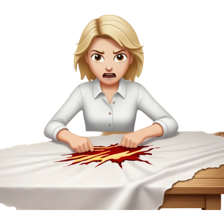 White woman ripping a white tablecloth off of a wooden table in anger emoji