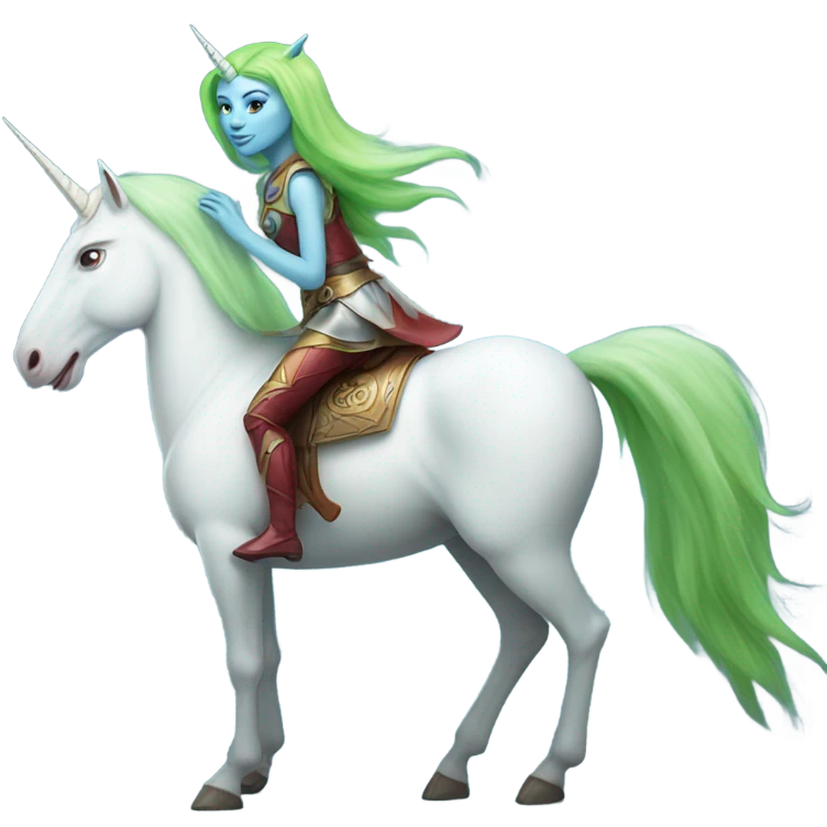 [
	{ a light green Amazon alien woman [ with red hair, with blue eyes]} 
	on a 
	[{ unicorn: white, legged:six, mane: light blue }] emoji
