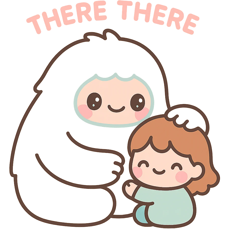abominable snowman comforting a child, with the words 'there there', kawaii style, suitable for YouTube emoji