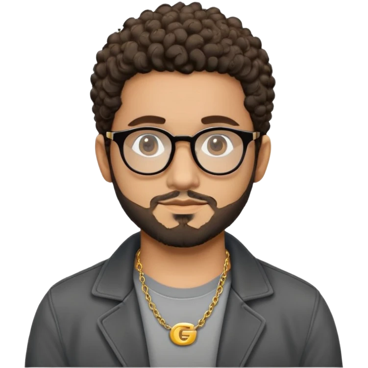 Hombre latino piel marron claro, cara estirada ovalada, gafas redondas oscuras, barba corta, pelo corto a los lados   rizado. Sonrisa leve, expresión tranquila. Camiseta gris, jacket negro abierto, collar G dorado emoji