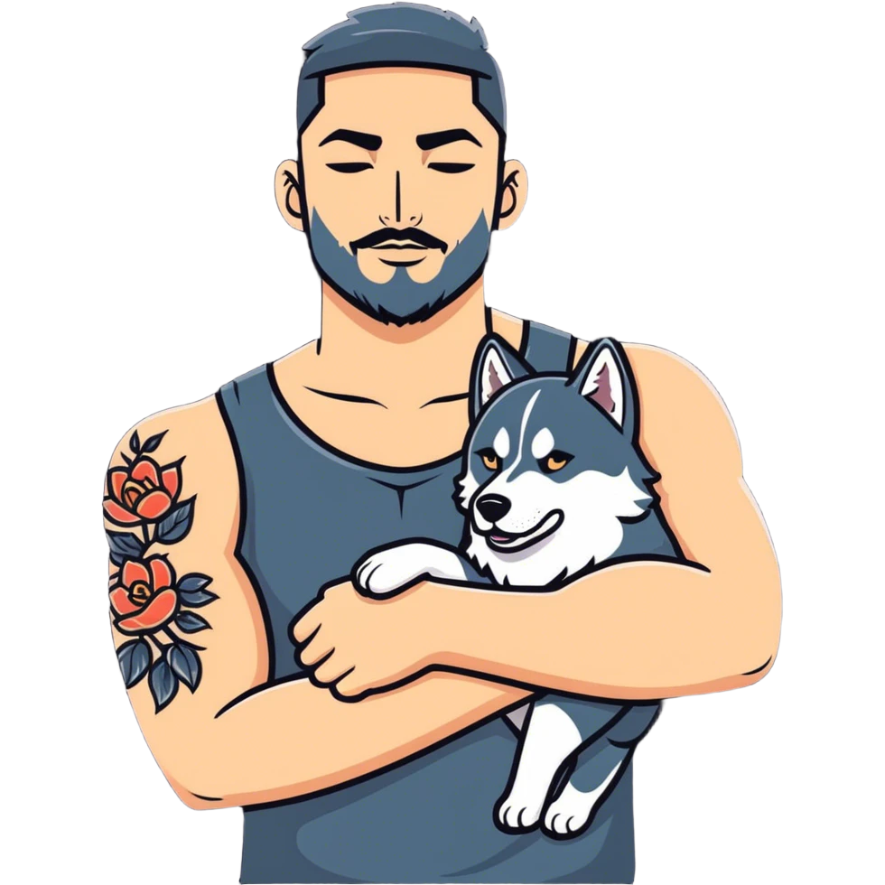 Tattooed arms man hugging a husky emoji