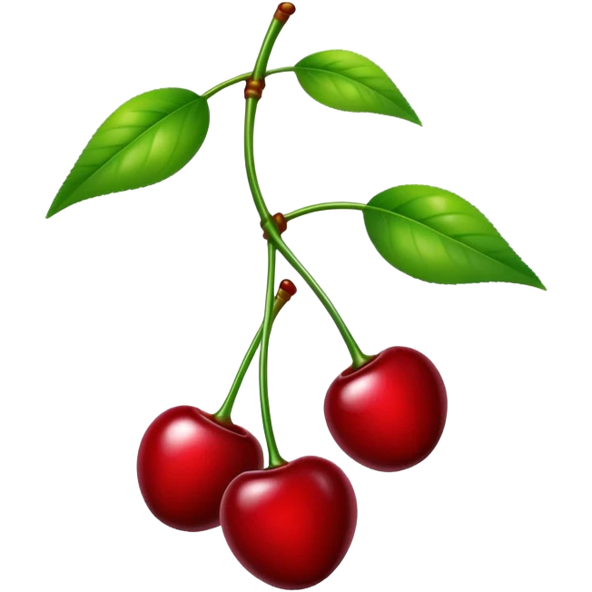 A pair of glossy red cherries with green stem and leaf emoji