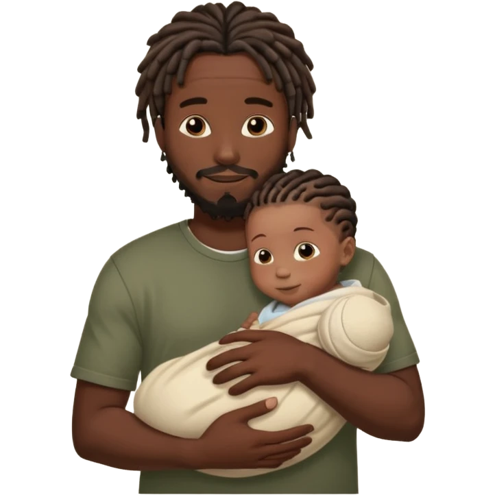 Happy African very dark black skinDad with short dread locs, with his newborn in arm,faceless brown skin newborn baby in arm. Just one newborn baby no third person emoji