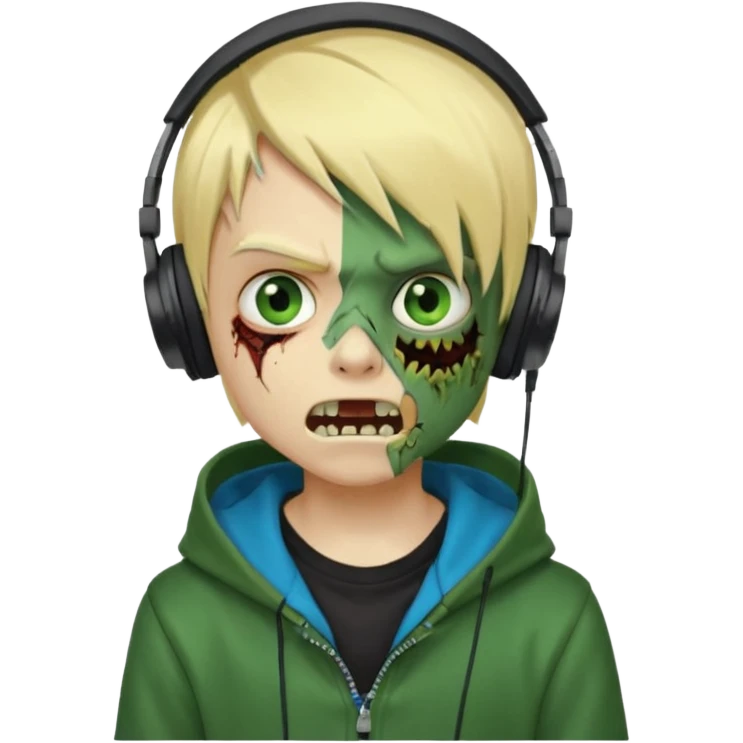 boy zombie whit blonde emo hair and eyes blue and GREEN SKIN and heandphones black AND A MICROFONE AND GOLD TEETH and agesive face and the hoodie black  emoji
