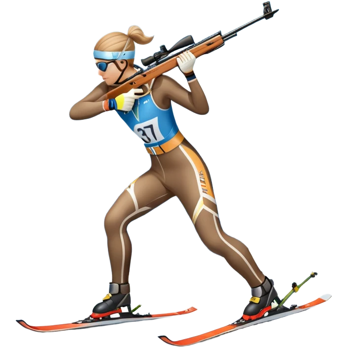 An icon featuring snow-covered trees, distant mountains, and a clear blue sky with a biathlete in motion, holding a rifle and skiing across a snowy course. Transparent background highlights the precision, endurance, and excitement of biathlon. emoji