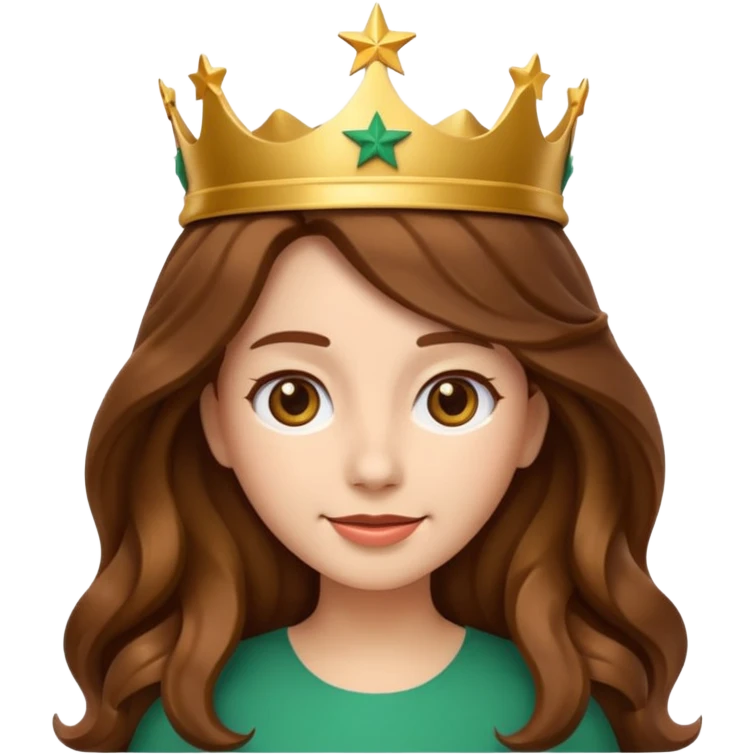 Apple style 3D emoji of a young woman inspired by the Starbucks logo. She has long wavy hair on both sides, a crown with a star on her head, and a soft smile. Smooth, shiny, simple emoji look. emoji