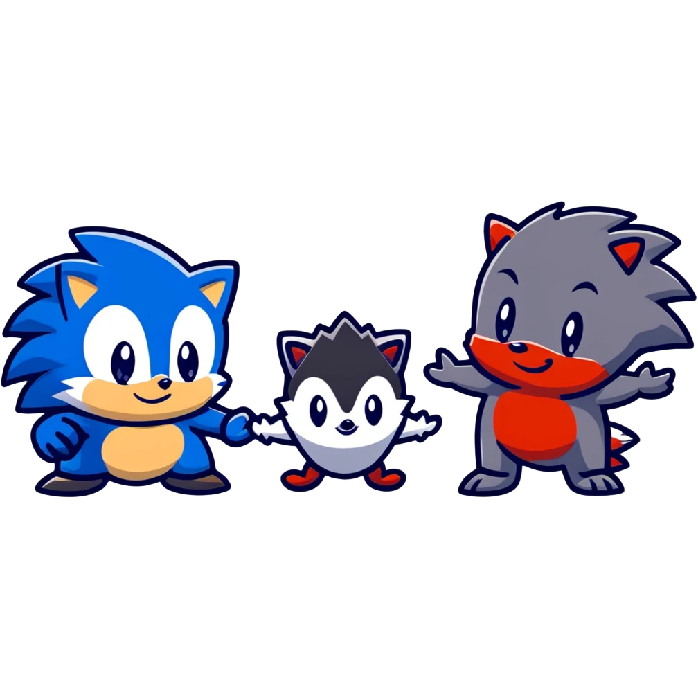 Sonic the blue hedgehog, Shadow the black and red hedgehog, and baby Silver the white hedgehog holding hands together in a line emoji