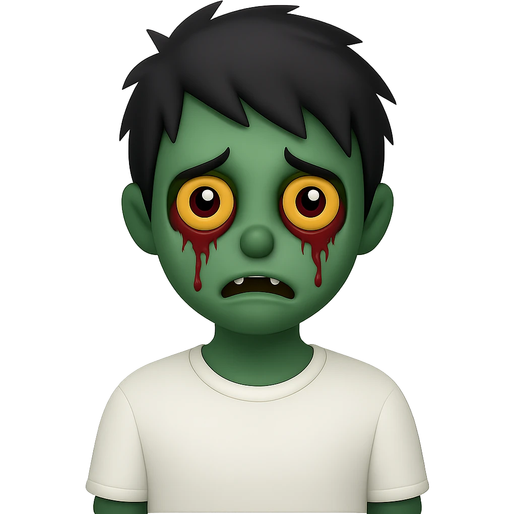 Add green skin to the spooky zombie boy with black shaggy emo hair, creepy expression, wearing a white shirt, no background, in emoji style. emoji