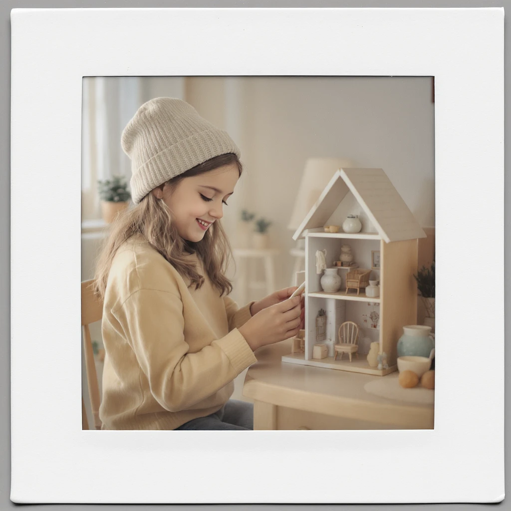 smiling girl arranging furniture in doll house emoji