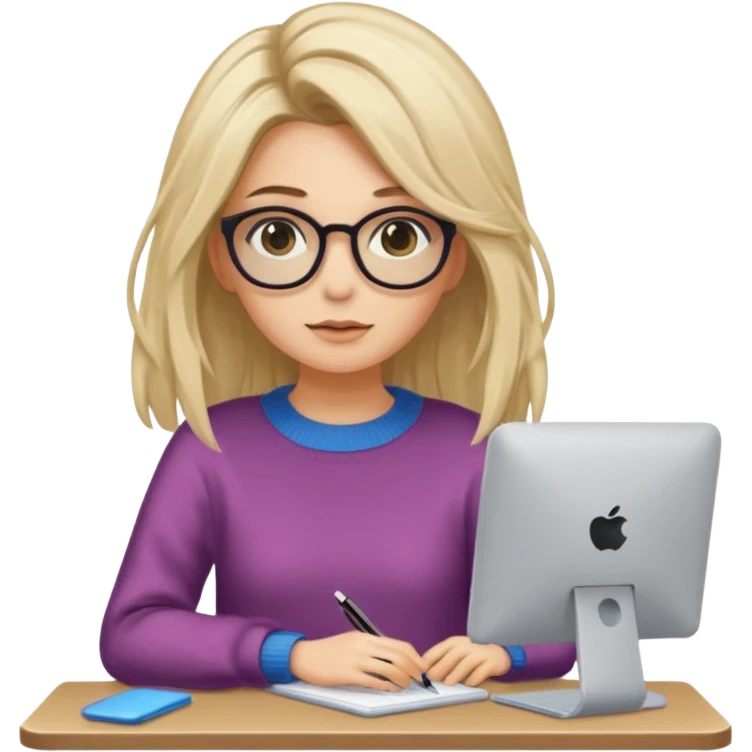 ragazza bionda con capelli molto lunghi, con occhiali tartarugati, occhi azzurri, con maglione beige, seduti alla scrivania che lavora al pc emoji